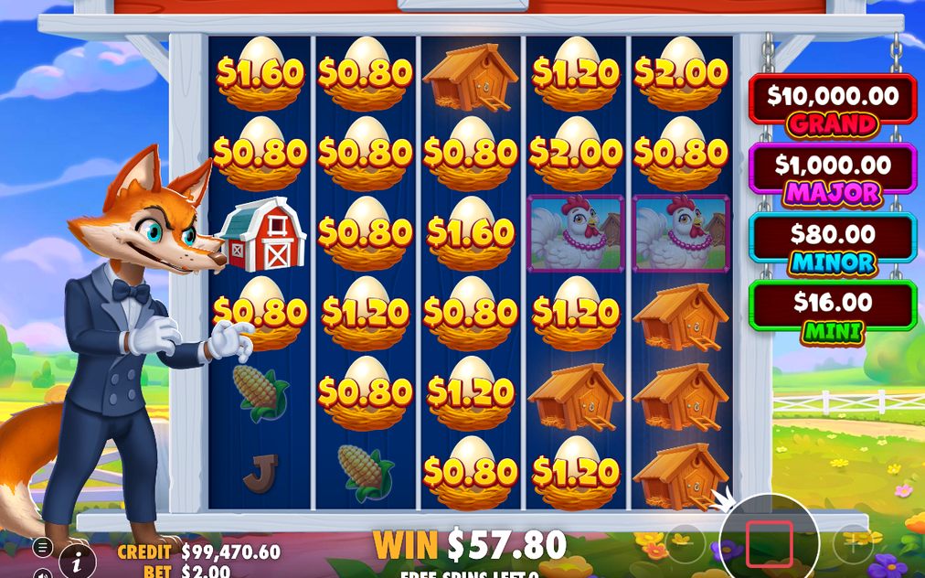Free Spins grid showing straw, wood and brick marks